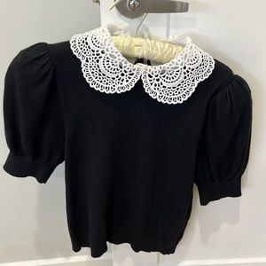 Alice and Olivia short sleeved black sweater with lace collar